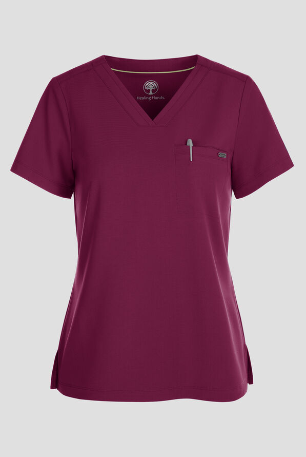 Healing Hands Quest Women's 1-Pocket STRETCH Tuck In V-Neck Scrub Top - Wine - 1
