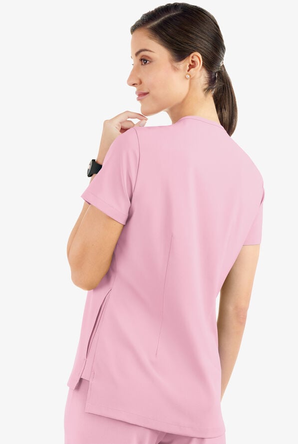 Easy STRETCH Taylor Women's 3-Pocket High Low Hem V-Neck Scrub Top - Pink Peony - 3