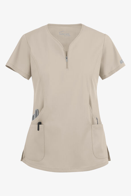 Butter-Soft STRETCH Women's 4-Pocket Curved Neck Zipper Scrub Top