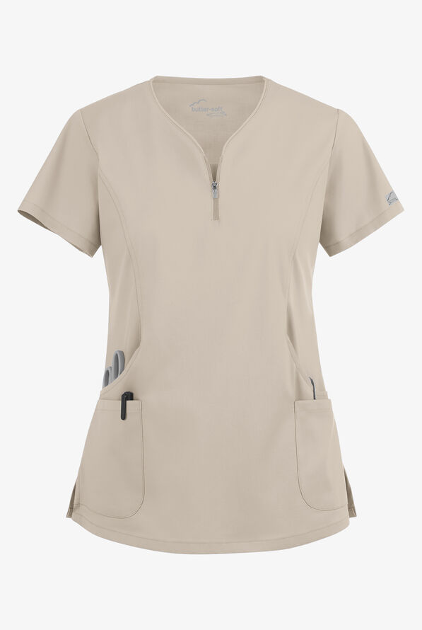 Blusa médica UA Butter-Soft STRETCH con cremallera en el cuello curvo y 4 bolsillos para mujer - Warm Sand - 1