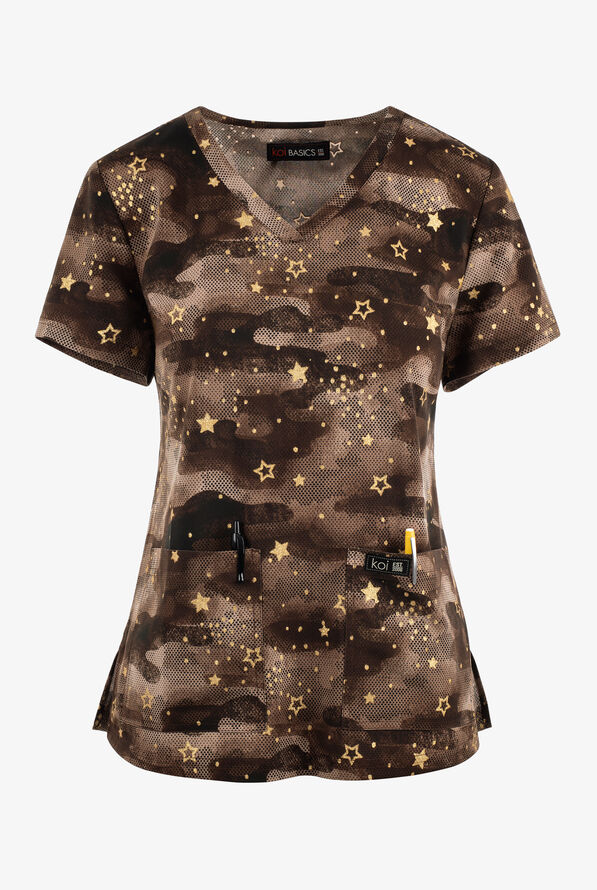 koi Basics Camo Starlette Taupe Gold Glitter Women's 2-Pocket STRETCH V-Neck Print Scrub Top - null - 1