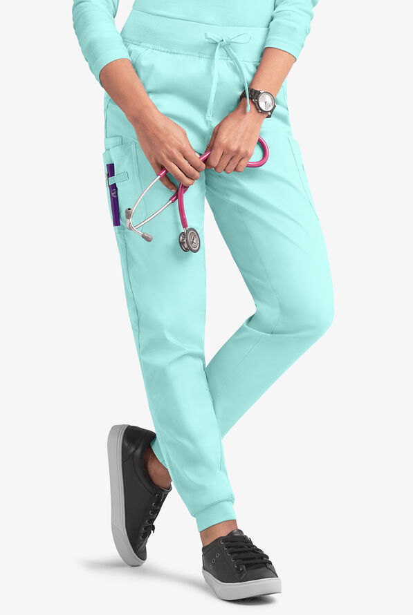 Butter-Soft STRETCH Women's 5-Pocket Cargo Jogger Scrub Pants - Petite - Sea Frost - 1