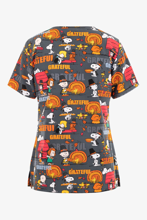 Tooniforms Grateful Snoopy Thanksgiving Women's 2Pocket STRETCH VNeck Print Scrub Top, Holiday