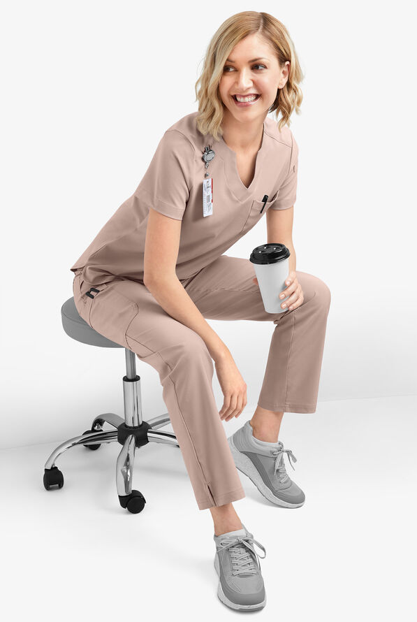 Easy STRETCH Nikki Women's 1-Pocket Scallop Neck Tuck-In Scrub Top - Mocha Meringue - 8