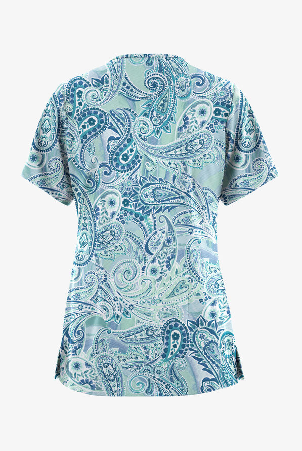 Butter-Soft STRETCH Paisley Romance Watermint Women's 5-Pocket V-Neck Print Scrub Top - null - 2
