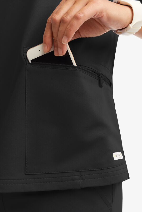 Butter-Soft Women's 5-Pocket Zipper Neck Short Sleeve Scrub Top **Slightly IRREGULAR** - Black - 6