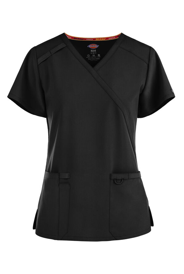 Dickies EDS Essentials Women's 2-Pocket STRETCH Mock Wrap Scrub Top - Black - 1