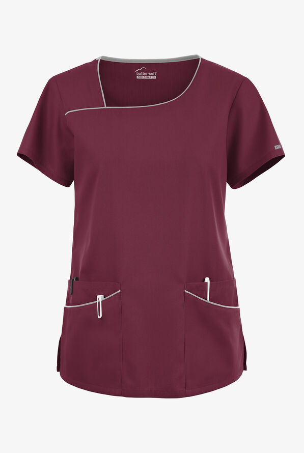 Butter-Soft Originals Women's 4-Pocket Asymmetrical Neck Scrub Top - Wine/Silver - 1