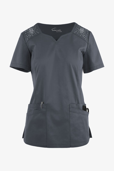 Butter-Soft STRETCH Women's 6-Pocket Crystal Bling Scrub Top