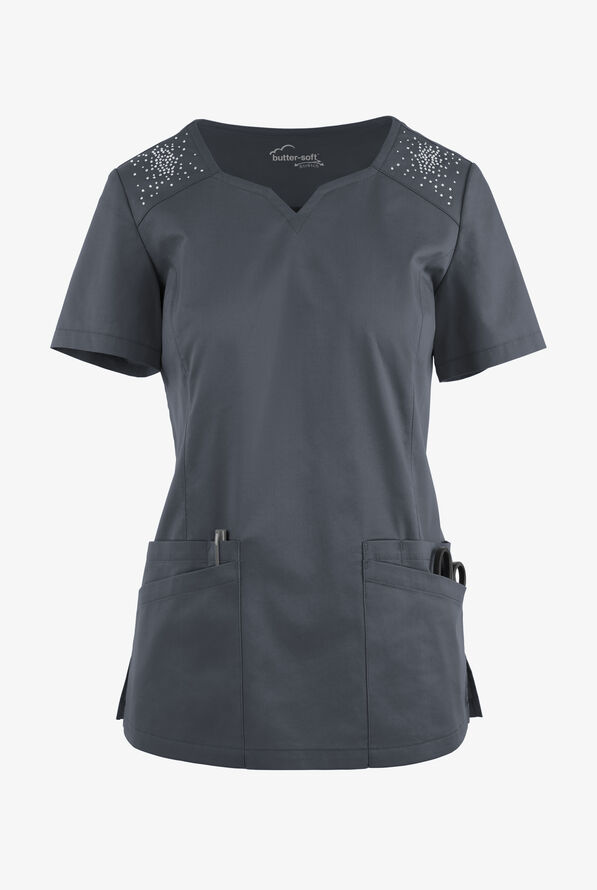 Butter-Soft STRETCH Women's 6-Pocket Crystal Bling Scrub Top - Pewter - 1
