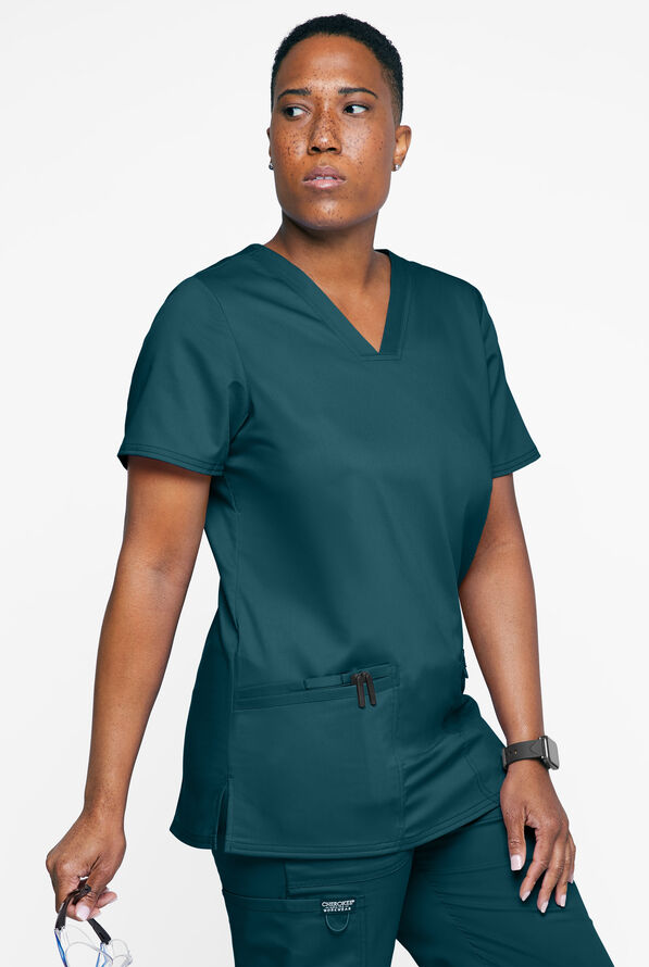 Cherokee Workwear Revolution Women's 3-Pocket STRETCH V-Neck Scrub Top - Caribbean Blue - 2