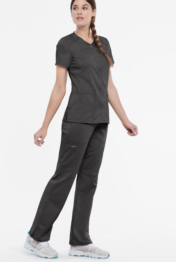 Cherokee Workwear Revolution Women's 4-Pocket STRETCH Snap Front Scrub Top - Pewter - 4