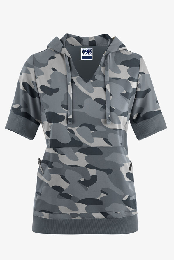 Strictly Scrubs STRETCH Cloud Camo Pewter Women's 3-Pocket Short Sleeve Pull-Over Scrub Hoodie - null - 1