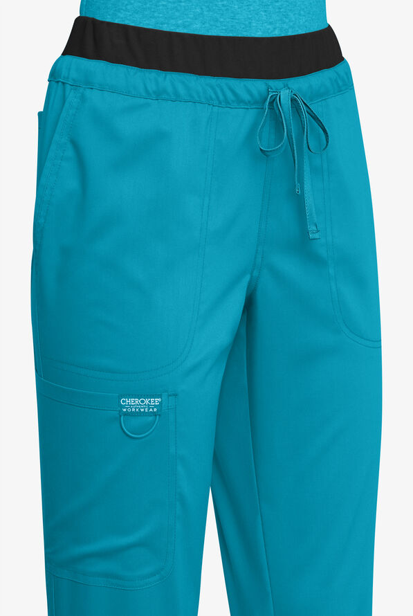 Cherokee Workwear Revolution Women's 5-Pocket STRETCH Drawstring Cargo Scrub Pants - Azure Blue/Black - 3