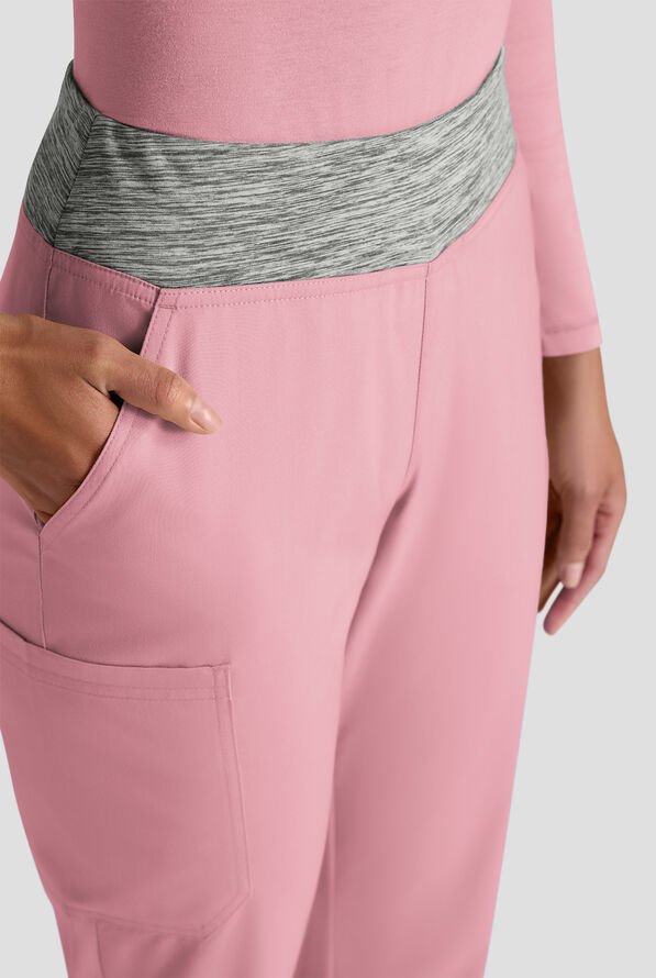 Butter-Soft STRETCH Women's 4-Pocket Knit Waistband Yoga Scrub Pants - Tall - Cosmo Pink / Silver Melange - 4