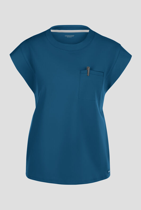 Cherokee Achieve Women's 1-Pocket STRETCH Raglan Sleeve Crew Neck Knit Scrub Top - Caribbean Blue - 1