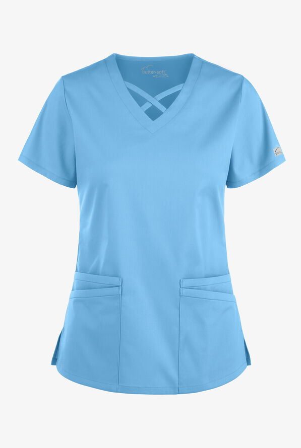 Blusa m&eacute;dica UA Butter-Soft STRETCH con lazos entrecruzados y 4 bolsillos para mujer - Blue Oasis - 1