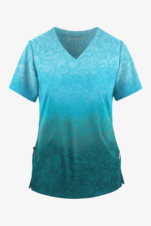 Easy STRETCH Lyon Paisley Caribbean Blue Women's 2-Pocket V-Neck Print  Scrub Top - null - 1