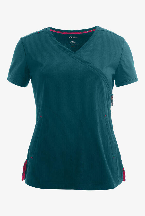 koi Lite™ Philosophy Women's 3-Pocket Mock Wrap Side Zipper Scrub Top - Caribbean Blue - 1