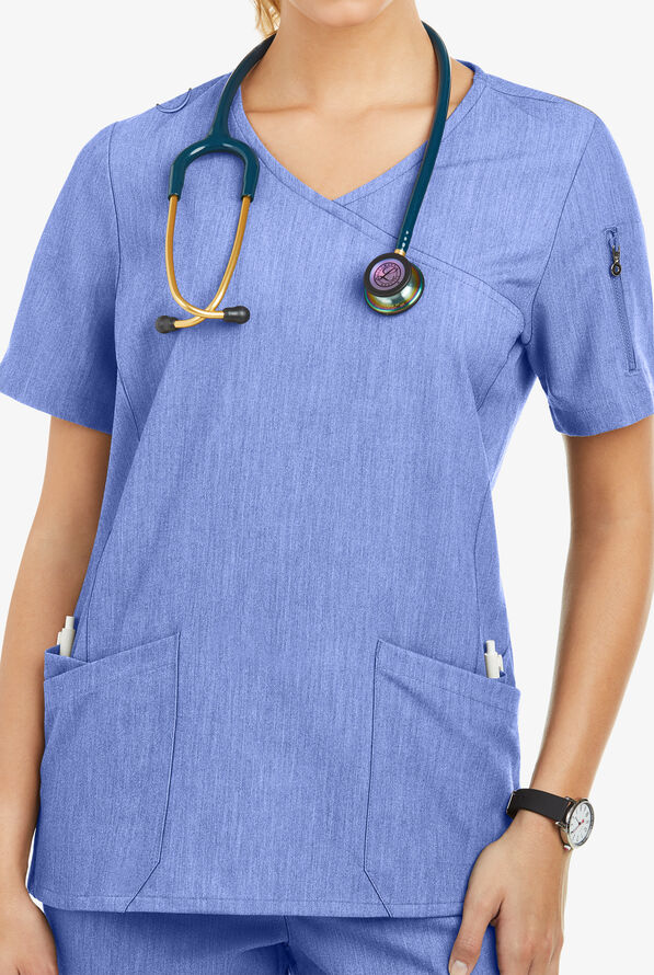 Blusa médica MOVEMENT by Butter-Soft Capella estilo cruzado con 5 bolsillos para mujer - Electric Blue Heather - 3
