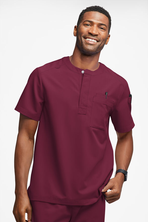 MOVEMENT by Butter-Soft Eclipse Men's 4-Pocket Short Sleeve Henley Scrub Top - Wine - 2