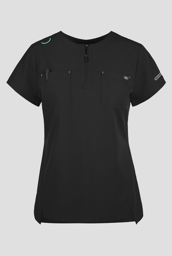 Skechers by Barco Ripstop Trek Women's 2-Pocket STRETCH Rounded Zip Neck Tuck In Scrub Top - Black - 1