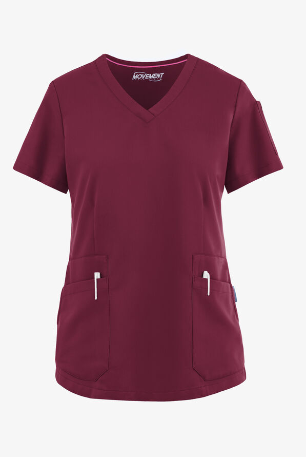 Blusa médica MOVEMENT by Butter-Soft Antares STRETCH con cuello en V y 6 bolsillos para mujer - Wine - 1