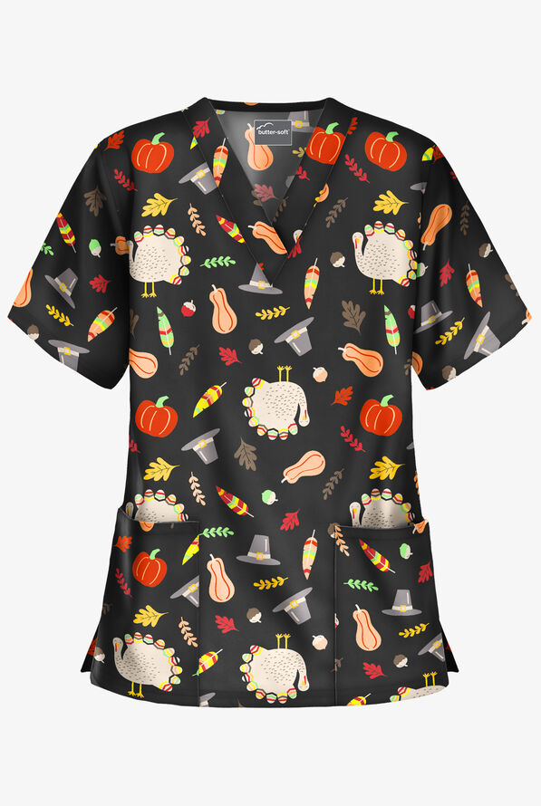 Butter-Soft Thanksgiving Walk Women's 2-Pocket Relaxed Fit V-Neck Print Scrub Top - null - 1