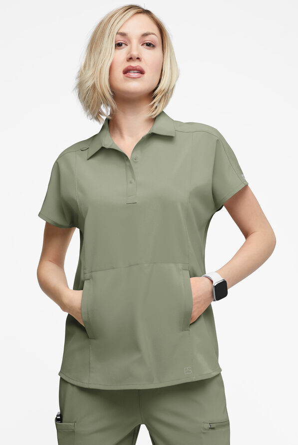 Easy STRETCH LEA Women's 3-Pocket Polo Collar Scrub Top - Olive Leaf - 2