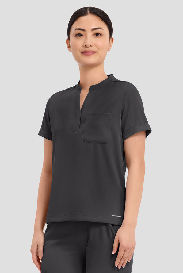 HH Works by Healing Hands Macy Women's 1-Pocket STRETCH Mandarin Collar Tuck In Scrub Top - Pewter - 2
