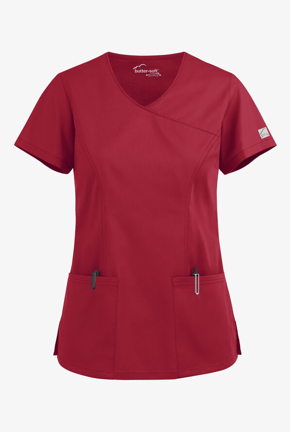 Butter-Soft STRETCH Women's 3-Pocket V-Neck Mock Wrap Scrub Top - Ruby - 1