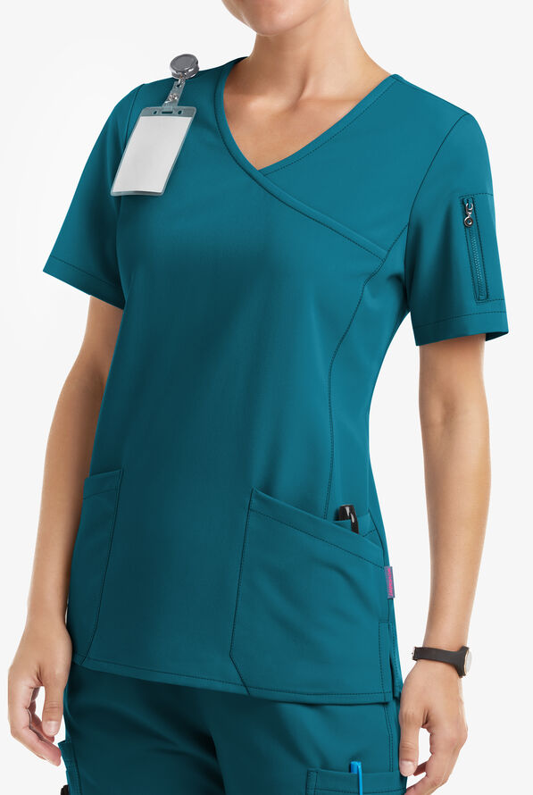 Blusa m&eacute;dica MOVEMENT by Butter-Soft Capella estilo cruzado con 5 bolsillos para mujer - Caribbean Blue - 2