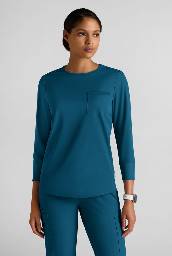 WhisperLite LYRA Women's 2-Pocket STRETCH 3/4" Sleeve Scrub Top - Caribbean Blue - 1