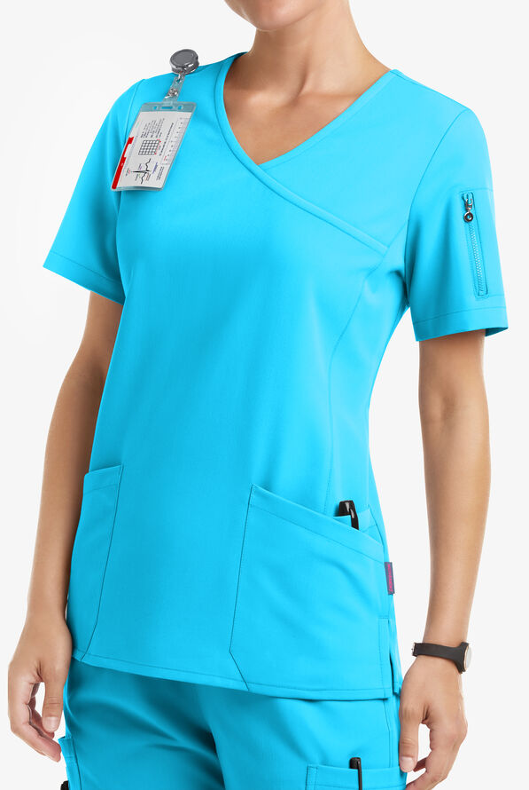 MOVEMENT by Butter-Soft Capella Women's 5-Pocket Faux Wrap STRETCH Scrub Top - Turquoise - 2