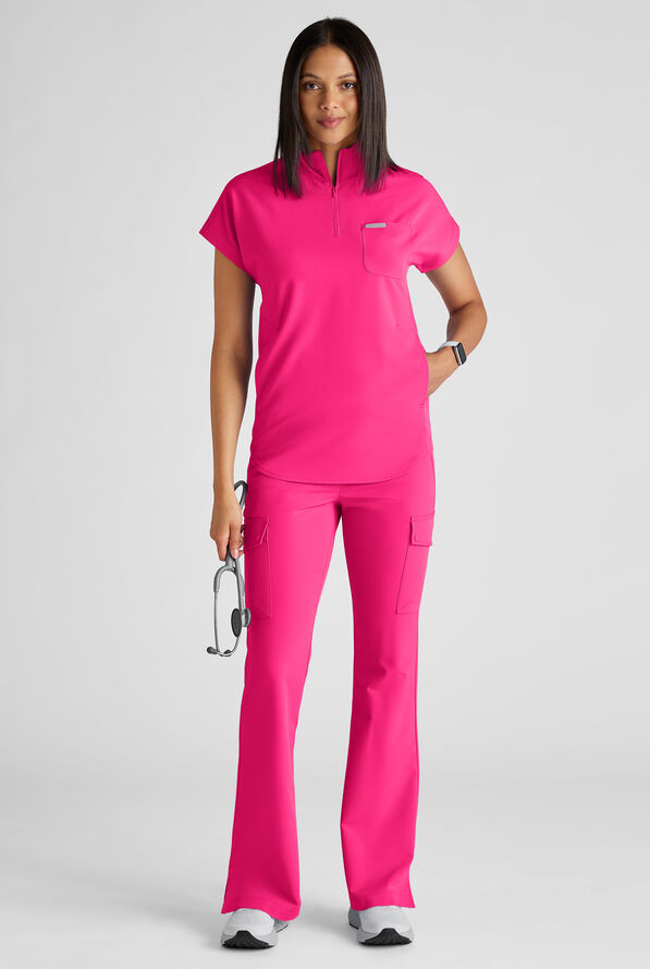 ReSurge Rhine Women's 5-Pocket Oversized Half Zip Stand Collar Scrub Top - Reactive Pink - 7