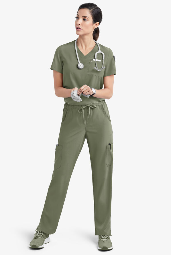 Easy STRETCH Chloe Women's 3-Pocket V-Neck Tuck-In Scrub Top - Olive Leaf - 2