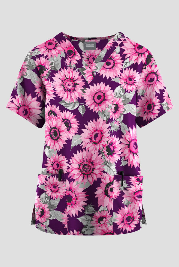 Butter-Soft Originals Sunflower Symphony Eggplant Women's 2-Pocket V-Neck Print Scrub Top - null - 1
