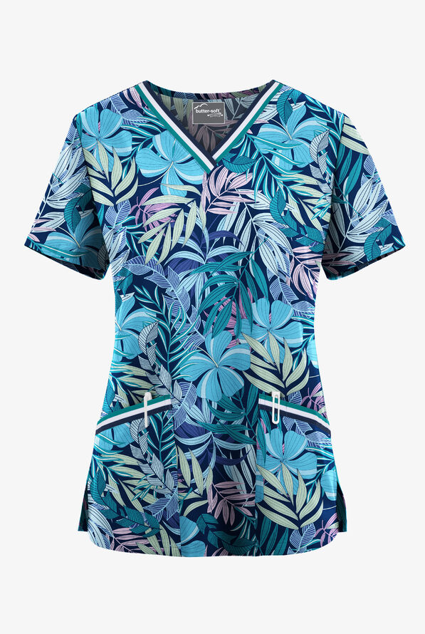 Butter-Soft STRETCH Tropical Mix Navy Women's 3-Pocket  Sport Trim V-Neck Print Scrub Top - null - 1
