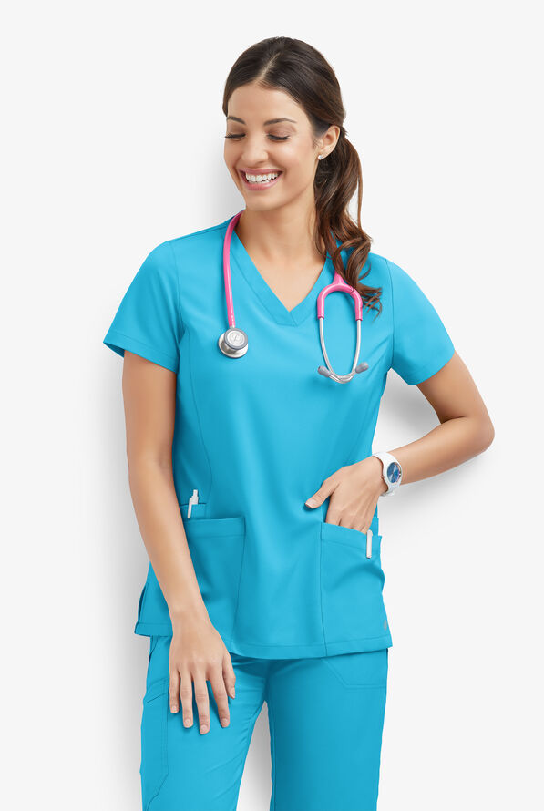 Easy STRETCH Zoe Women's 4-Pocket V-Neck Scrub Top - Turquoise - 1