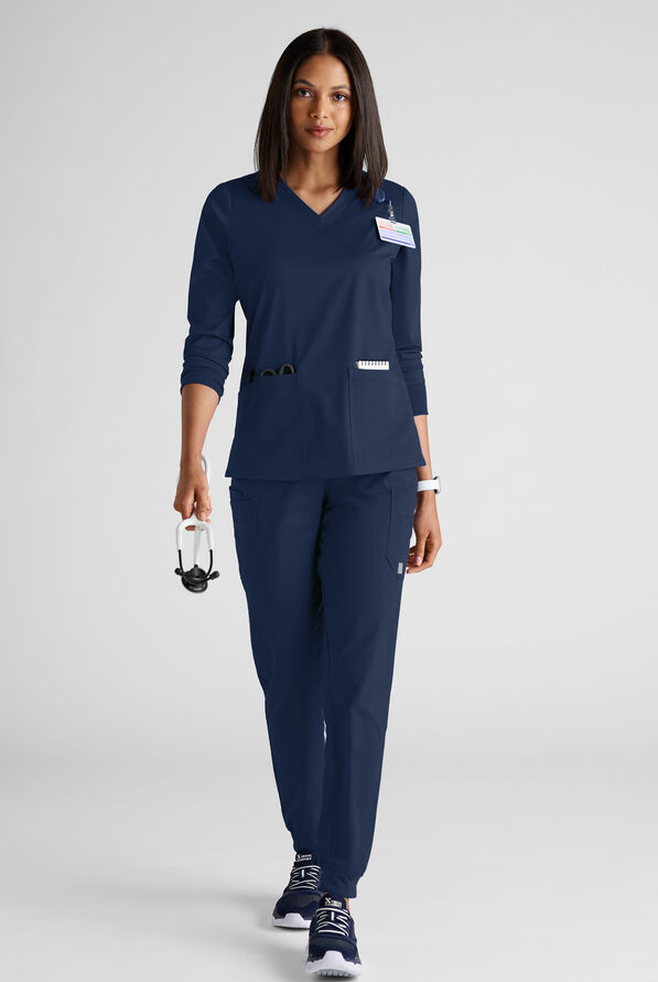 Butter-Soft STRETCH Women's 5-Pocket 3/4" Sleeve V-Neck Scrub Top - Navy - 3