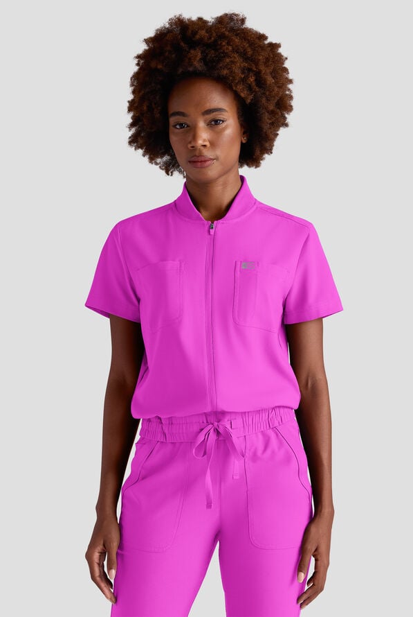 Easy STRETCH Nika Women's Zip Front Scrub Top&ndash; 2-Piece Jumpsuit Top - Electric Fuchsia - 1