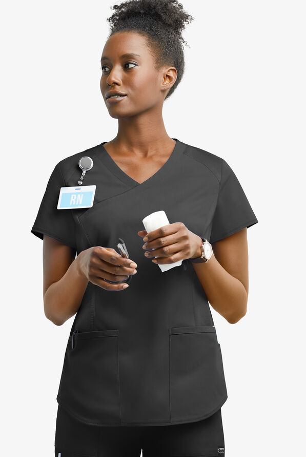 UA Exclusive Cherokee Workwear Professionals Active Women's 2-Pocket STRETCH Mock Wrap Scrub Top - Black - 2