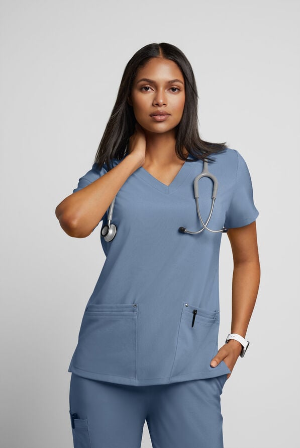 Easy STRETCH Lina Mitered Women's 4-Pocket V-Neck Scrub Top - Indigo Batik - 2