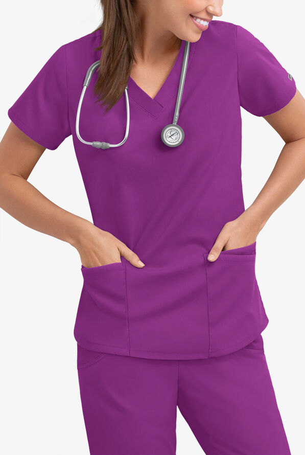 Butter-Soft Core Women's 4-Pocket Rounded V-Neck Scrub Top - Berry Burst - 2