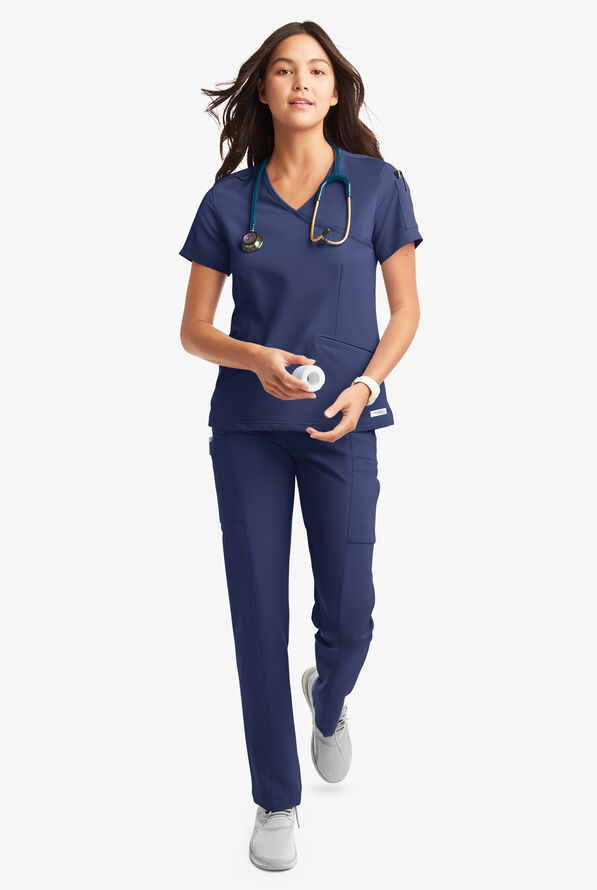 Butter-Soft Women's 5-Pockets Faux Wrap Scrub Top **Slightly IRREGULAR** - Navy - 1