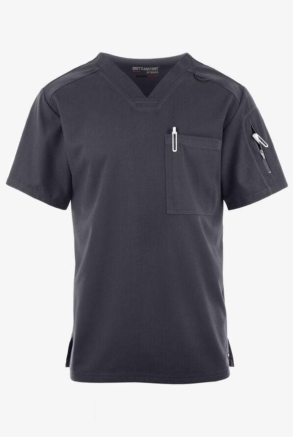 Grey's Anatomy by Barco Spandex STRETCH Murphy Men's 2-Pocket V-Neck Scrub Top - Steel Gray - 1