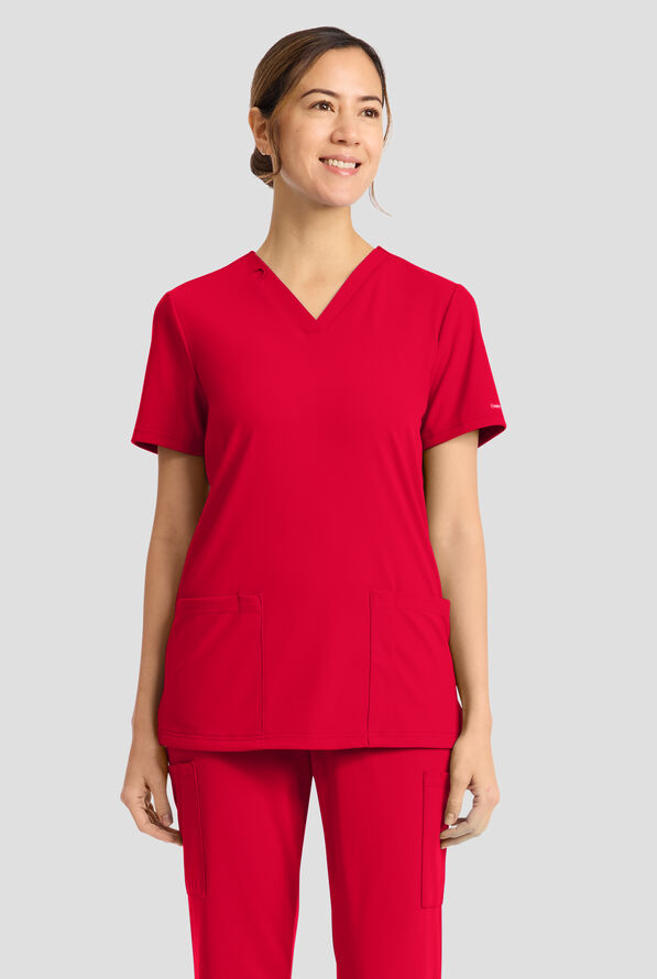 Cherokee Achieve Women's 2-Pocket STRETCH Knit V-Neck Scrub Top - Red - 2