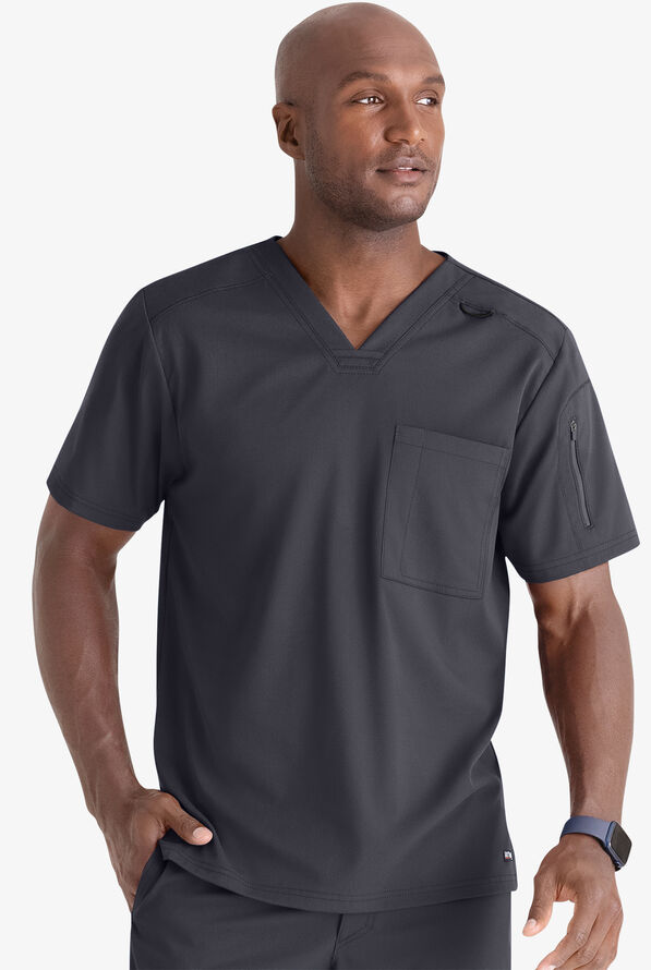 Grey's Anatomy by Barco Spandex STRETCH Murphy Men's 2-Pocket V-Neck Scrub Top - Steel Gray - 2