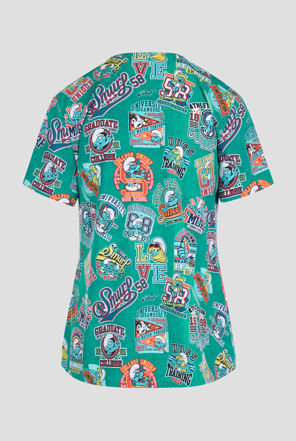 Tooniforms The Smurf's Collegiate Smurfs Women's 1-Pocket STRETCH V-Neck Print Scrub Top - null - 2