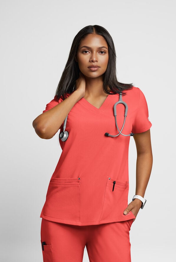 Blusa m&eacute;dica Easy STRETCH Lina con cuello en V ingleteado y 4 bolsillos para mujer - Spiced Coral - 2